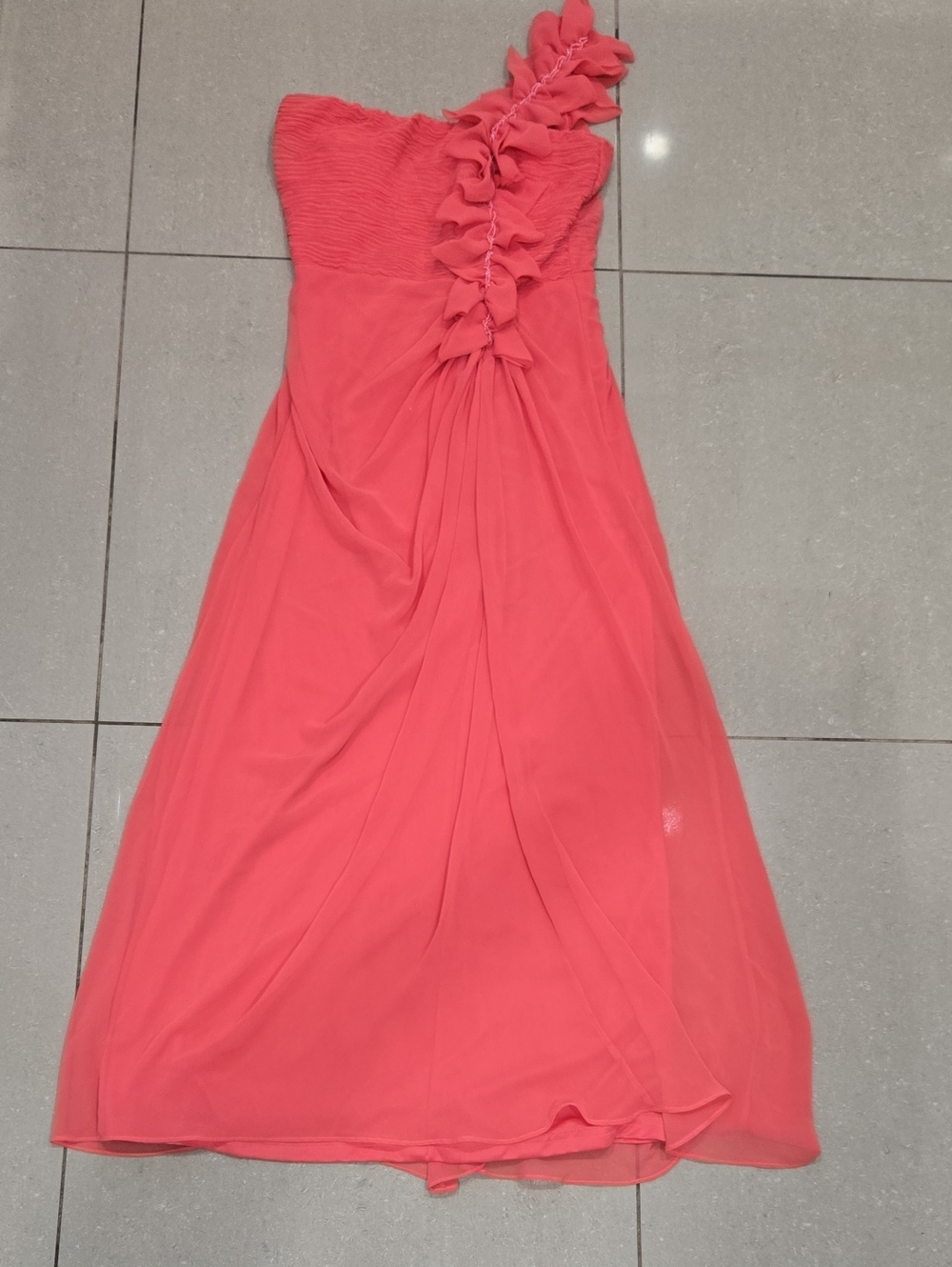One-Shoulder Coral Ruffle Evening Gown